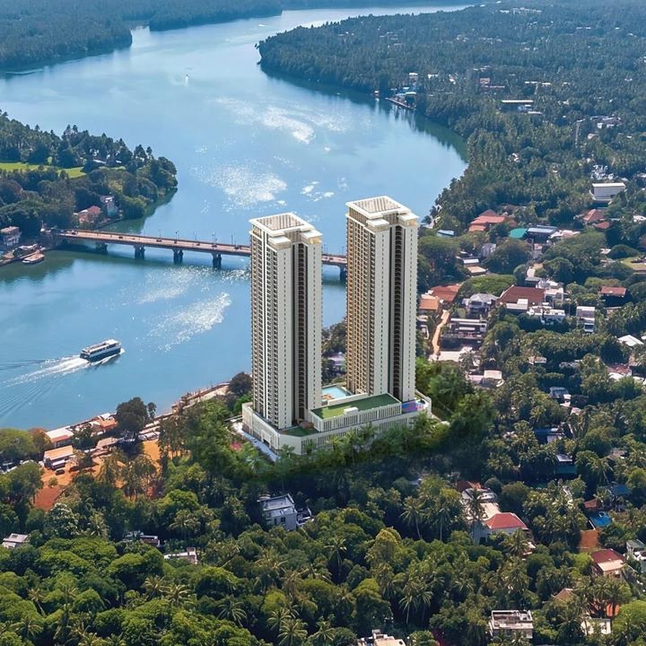 Aerial view of the towers beside the Chaliyar river