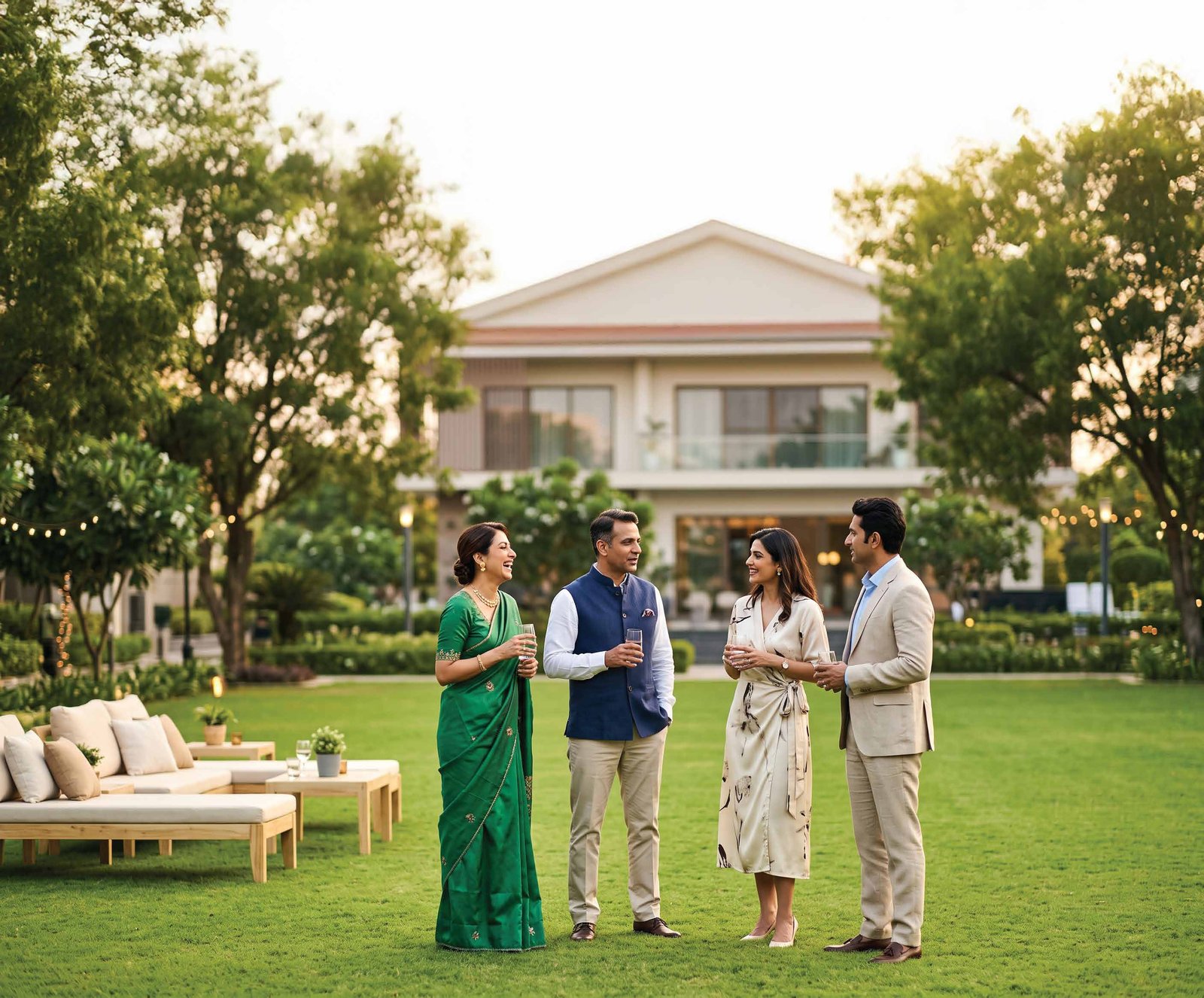 Guests gathered on the party lawn